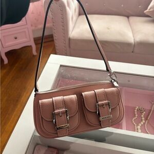 Michael Kors Pink Leather Shoulder Bag with Front Buckle Pockets
